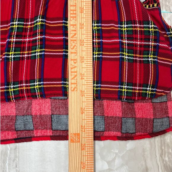 Calessa Red Patchwork Plaid Embroidered Button Front Top Medium Artsy Holiday - Picture 8 of 10